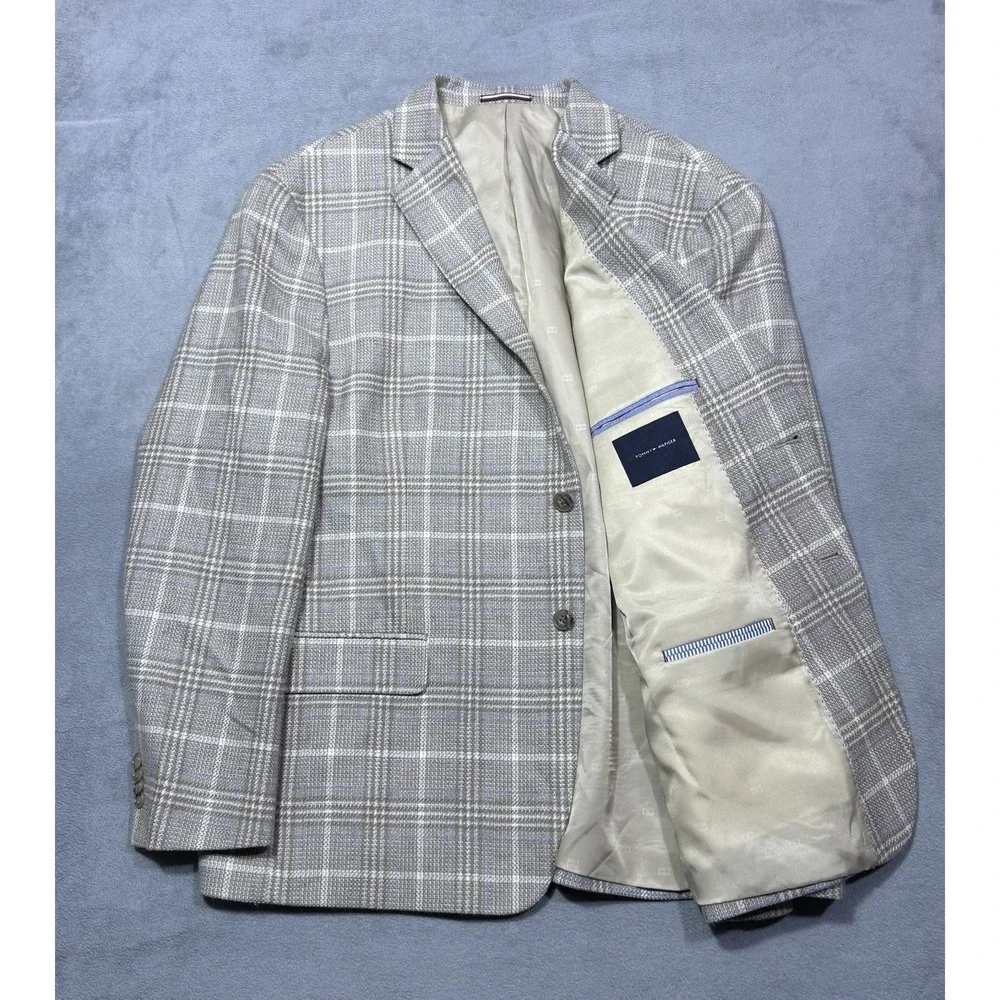 Tommy Hilfiger Blazer Mens 48R Beige Windowpane Glen Plaid Wool Blend Sport Coat